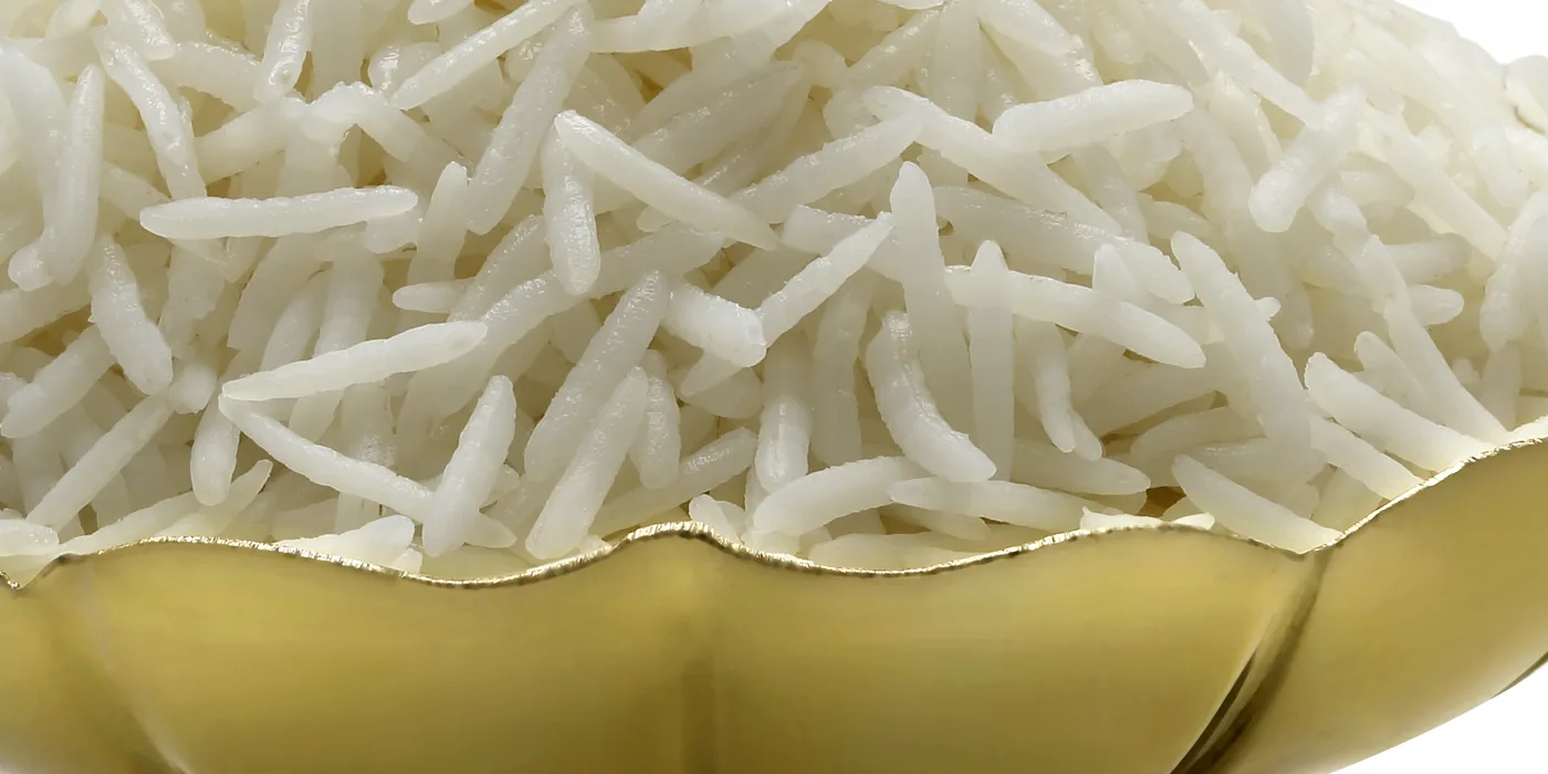 Close view of graded basmati rice grains