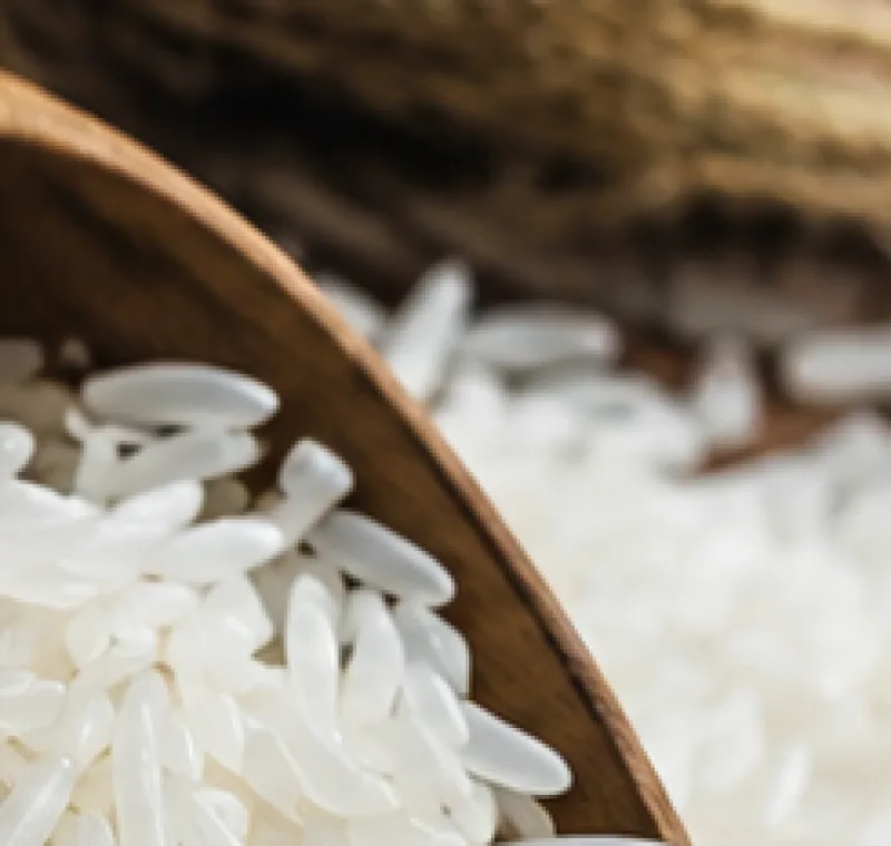 Milled white rice in a wooden scoop
